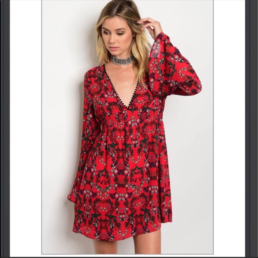 Red Floral Bell Sleeves BOHO Dress